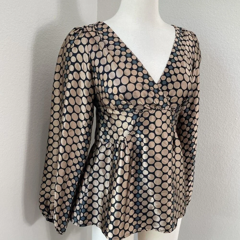 Nanette Lepore Black and Beige Polka Dot Long Sleeve Top - Picture 2 of 13